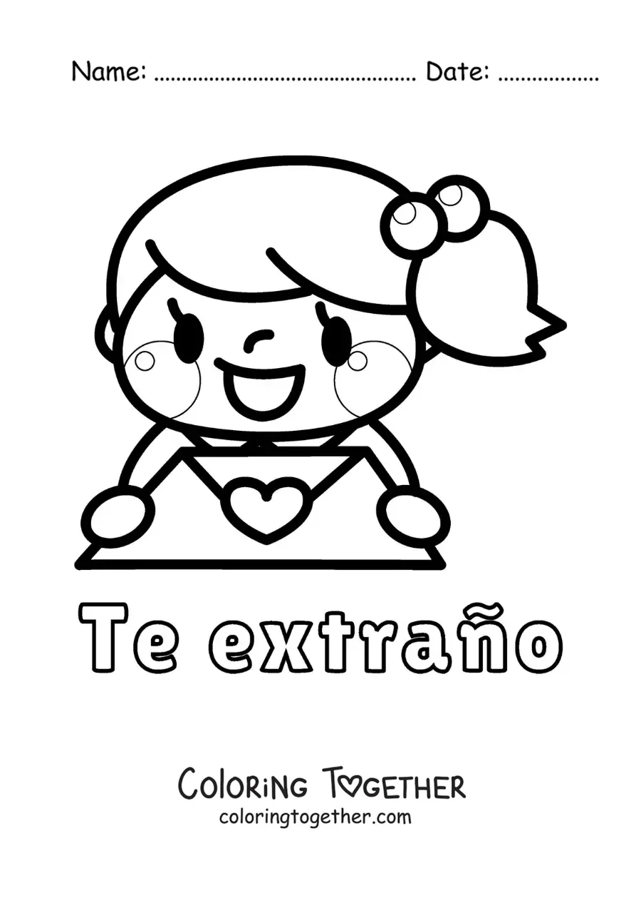 Coloring page of a girl with a love letter and the phrase I miss you