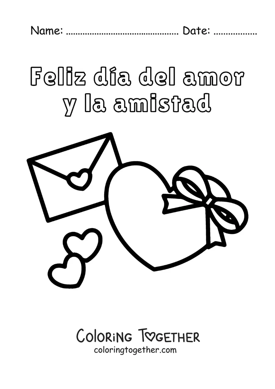 Coloring page of a heart with a love letter and the phrase Happy Valentine's Day