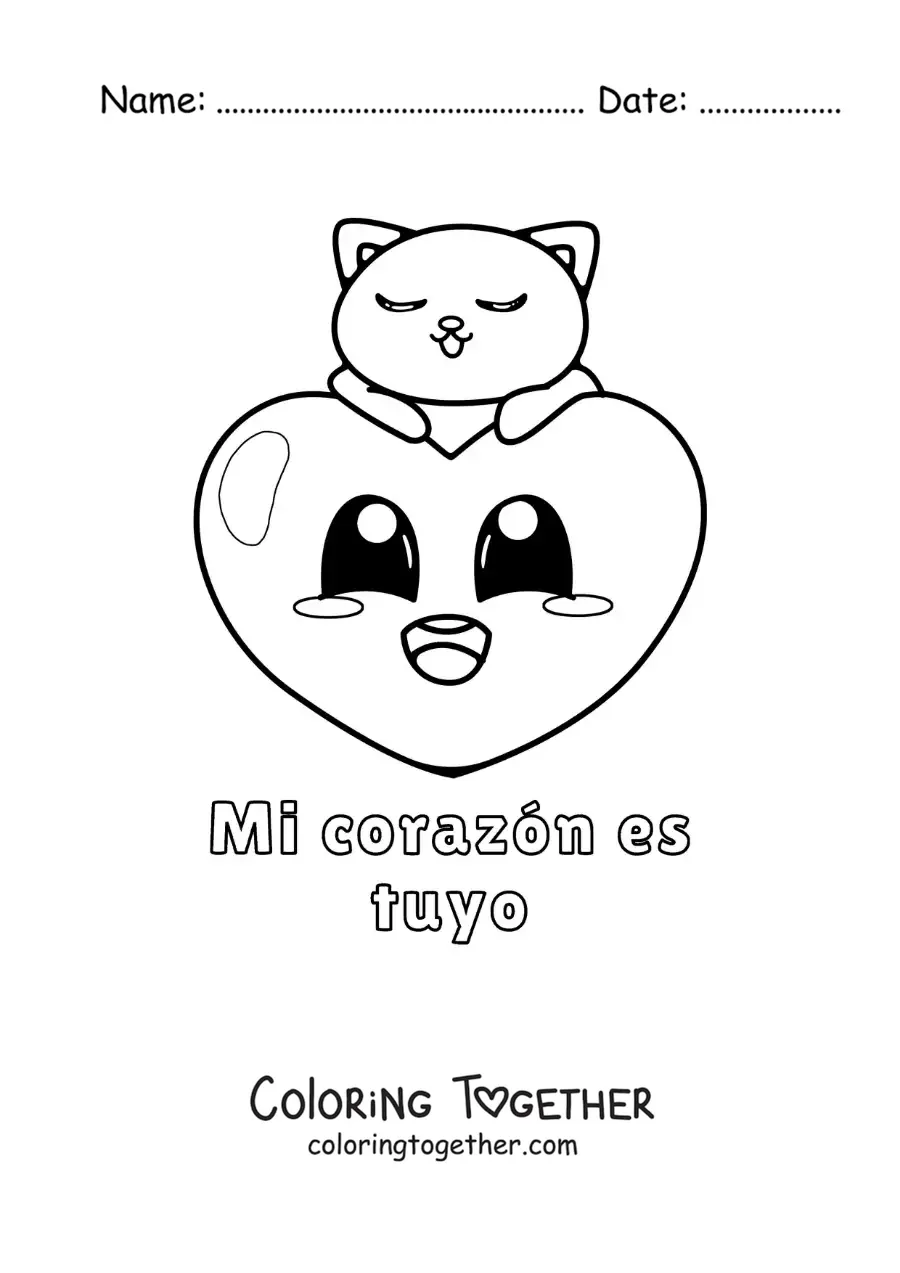 Coloring page of a cat with a heart and the phrase My heart is yours