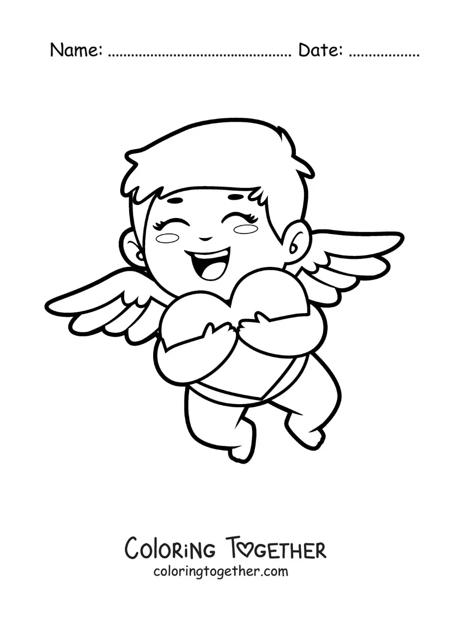 Coloring page of Cupid hugging a heart