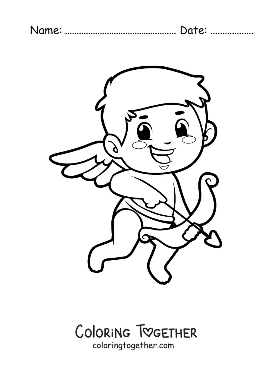 Coloring page of an animated Cupid with a bow and arrow