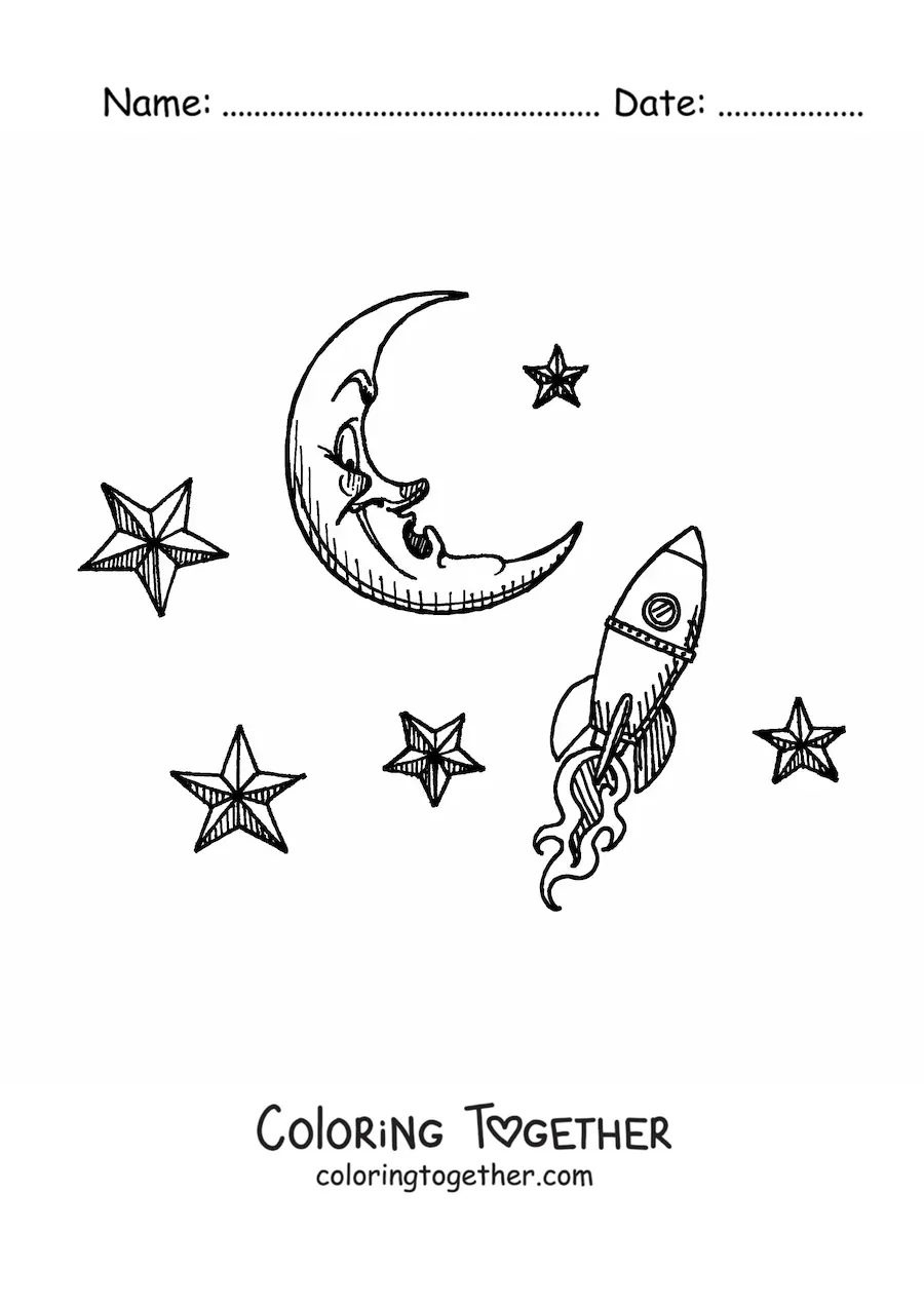 Coloring page of a cartoon rocket reaching the moon