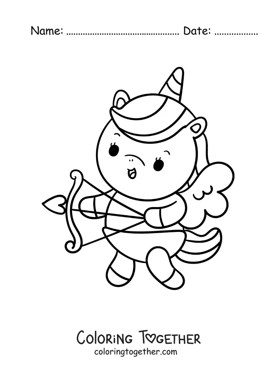 Coloring page of an animated unicorn dressed as Cupid shooting