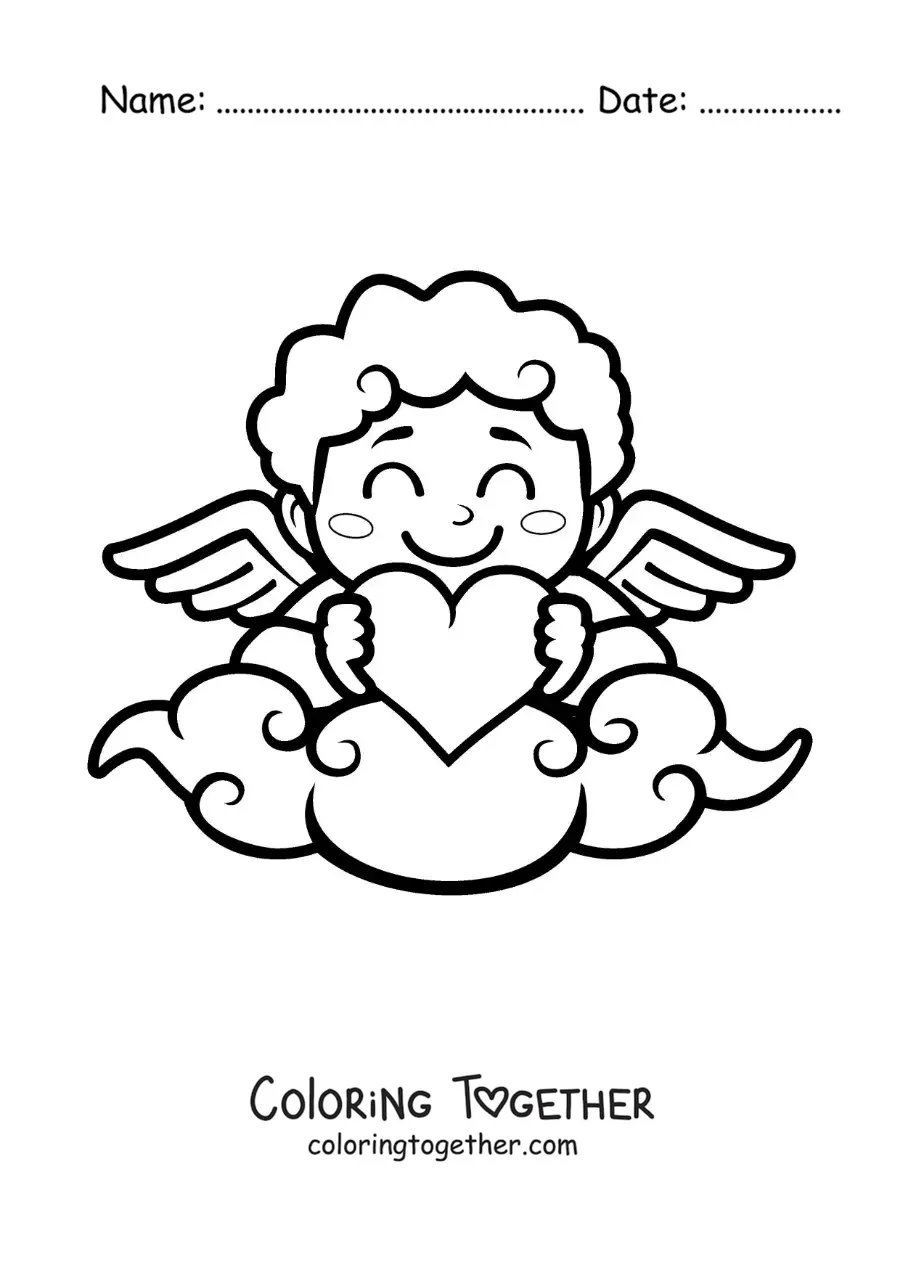 Coloring page of an animated Cupid with a heart on a cloud