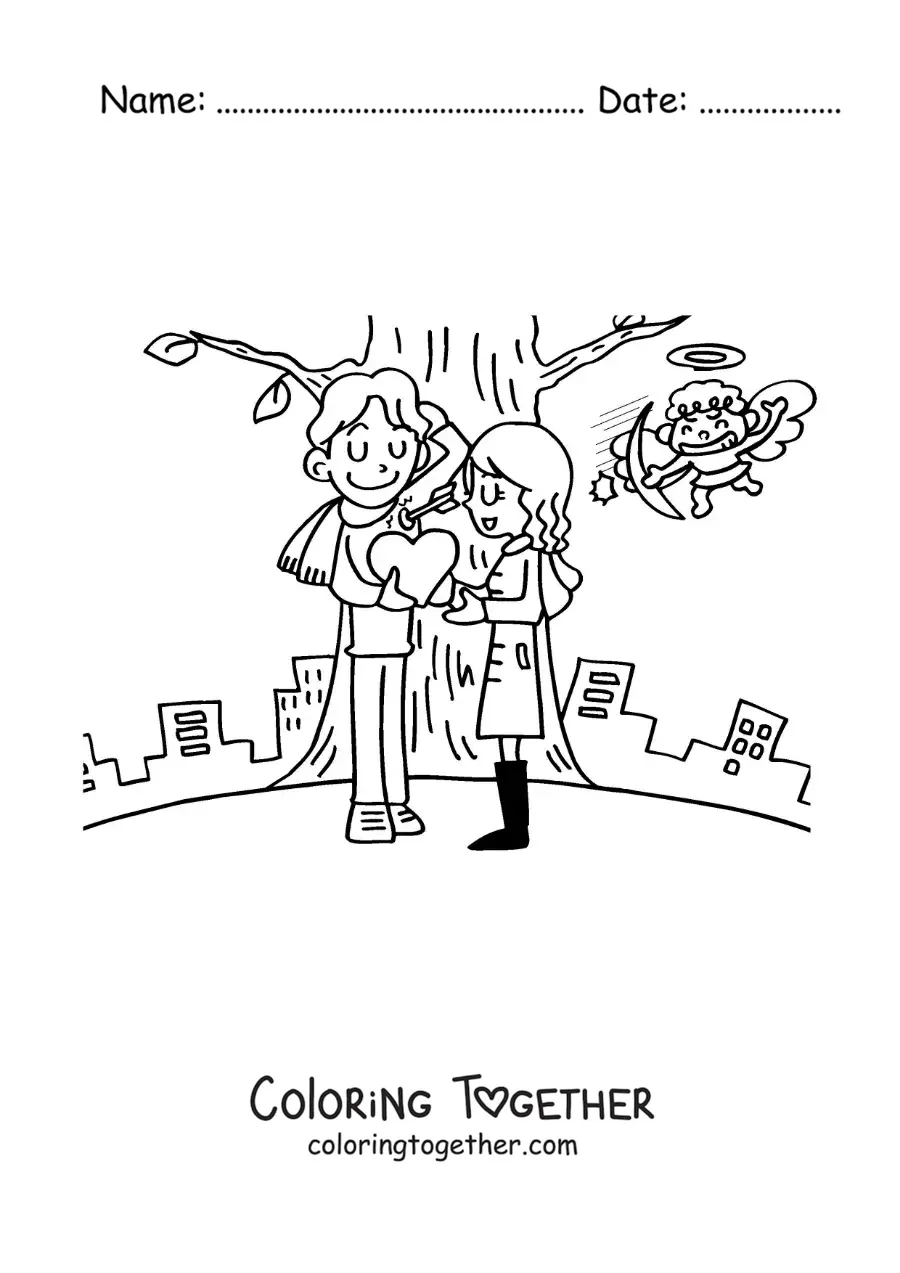 Coloring page of Cupid striking a couple in love with an arrow