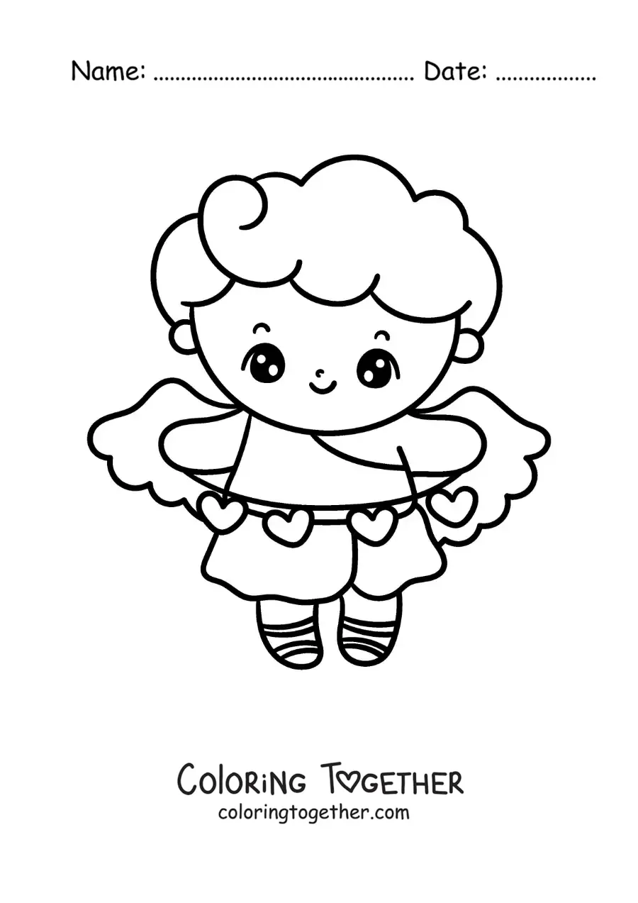 Coloring page of an animated Cupid with hearts