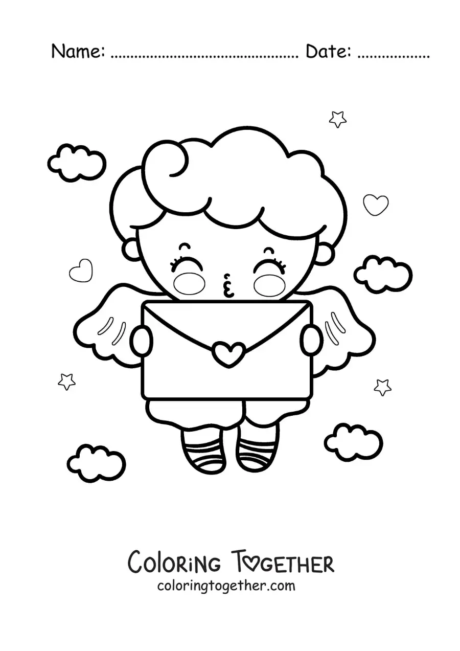 Coloring page of an animated Cupid angel with a love letter