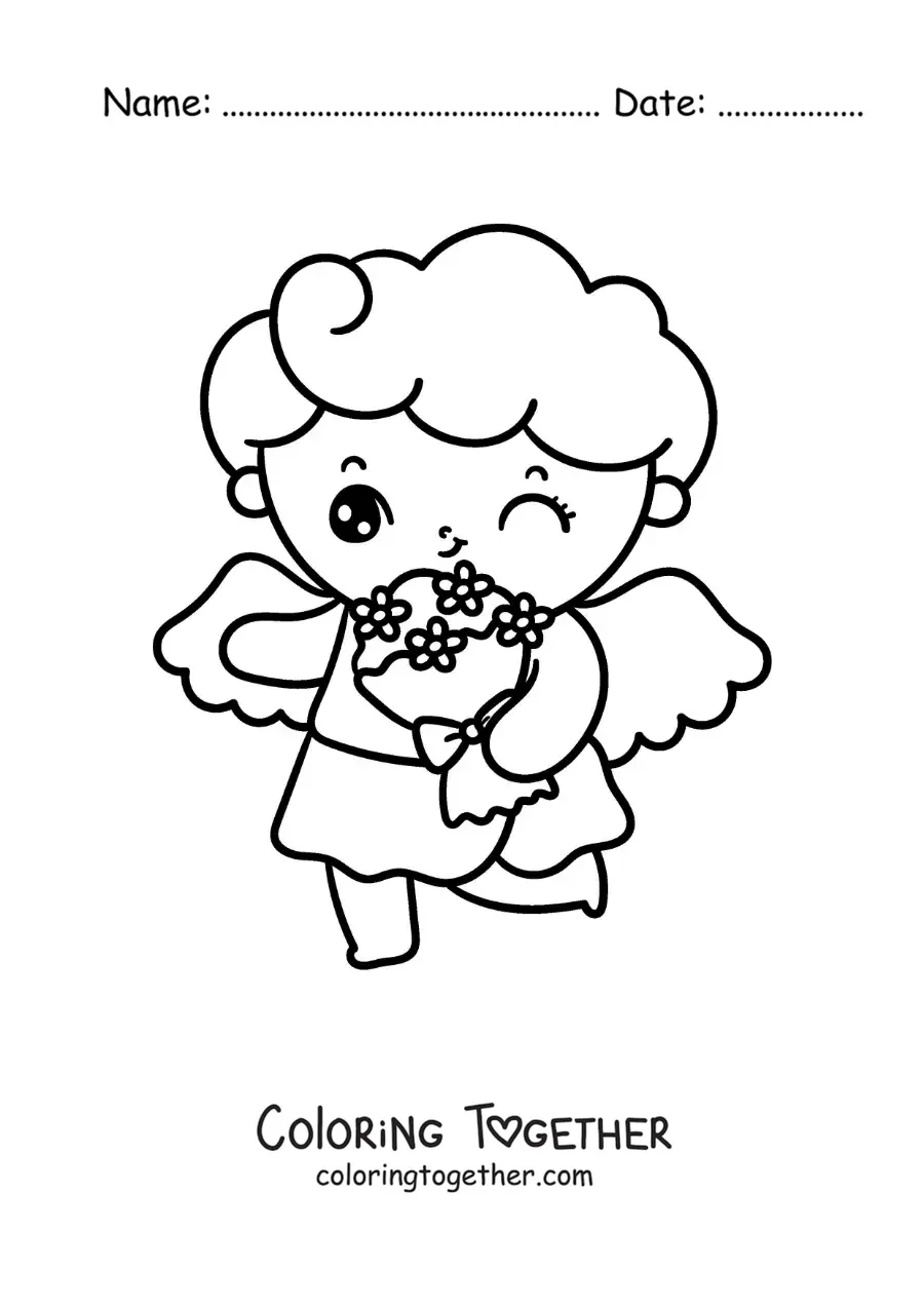 Coloring page of an animated Cupid angel with a bouquet of flowers