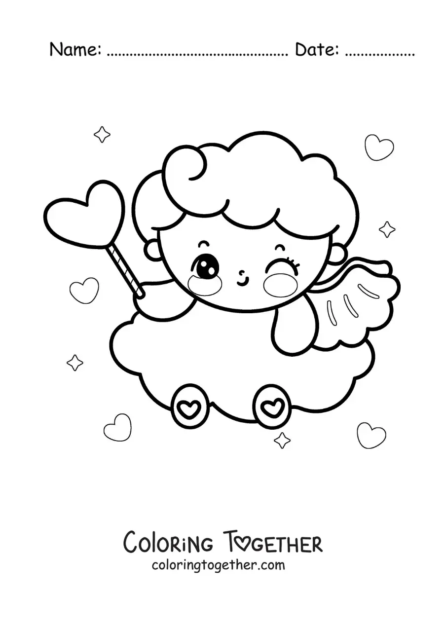 Coloring page of an animated Cupid angel with a heart on a cloud