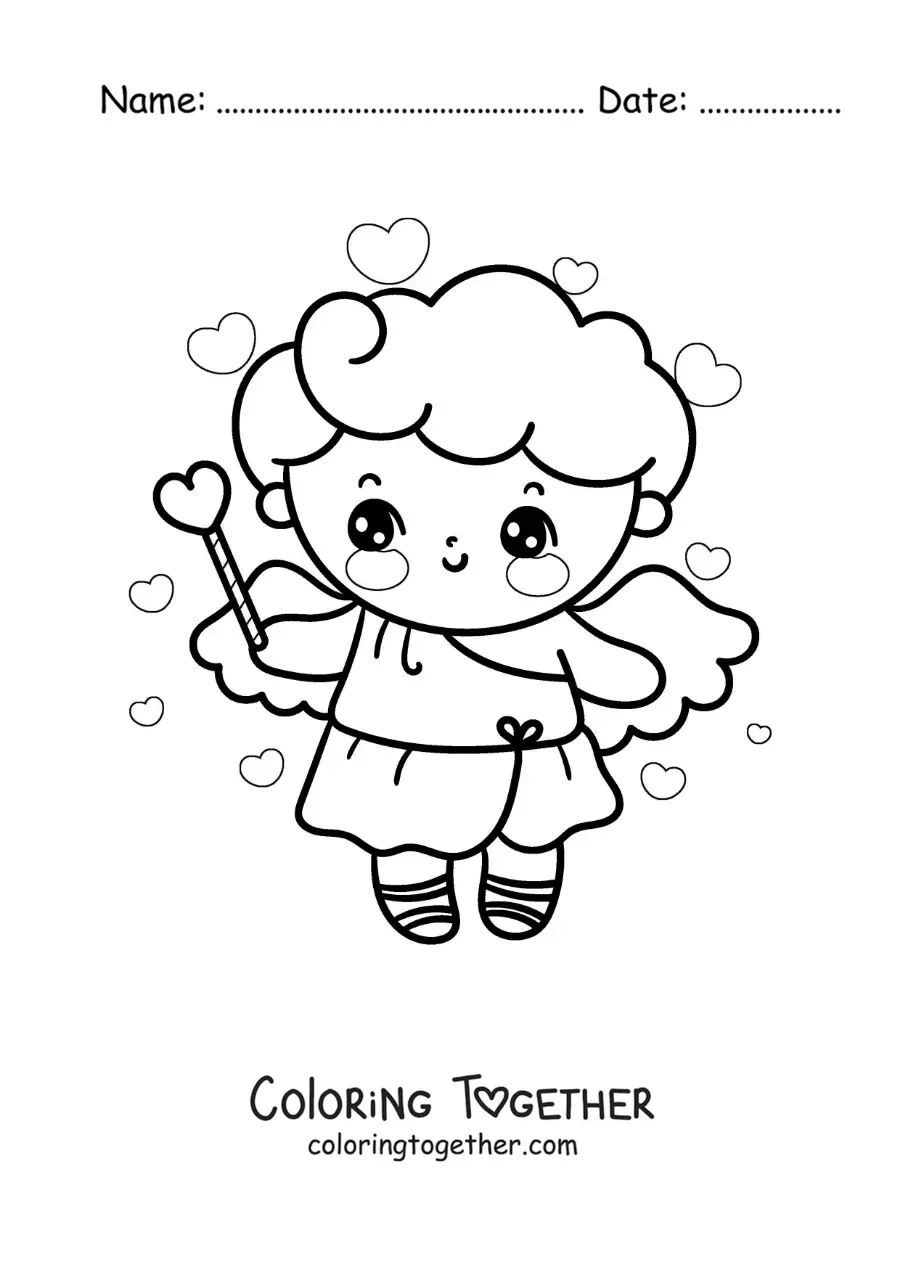 Coloring page of an animated Cupid angel with a heart