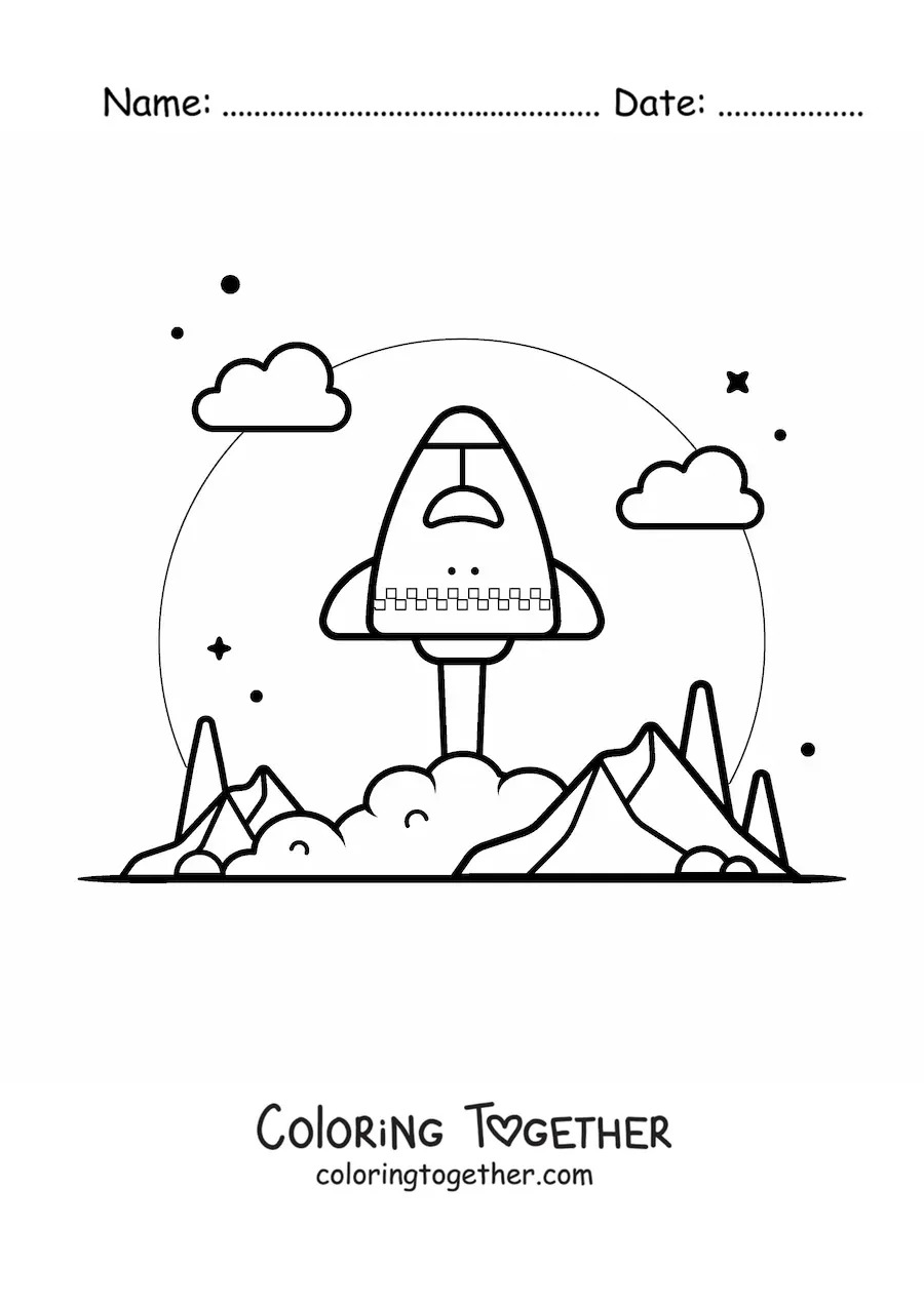 Coloring page of a rocket lifting off from the earth