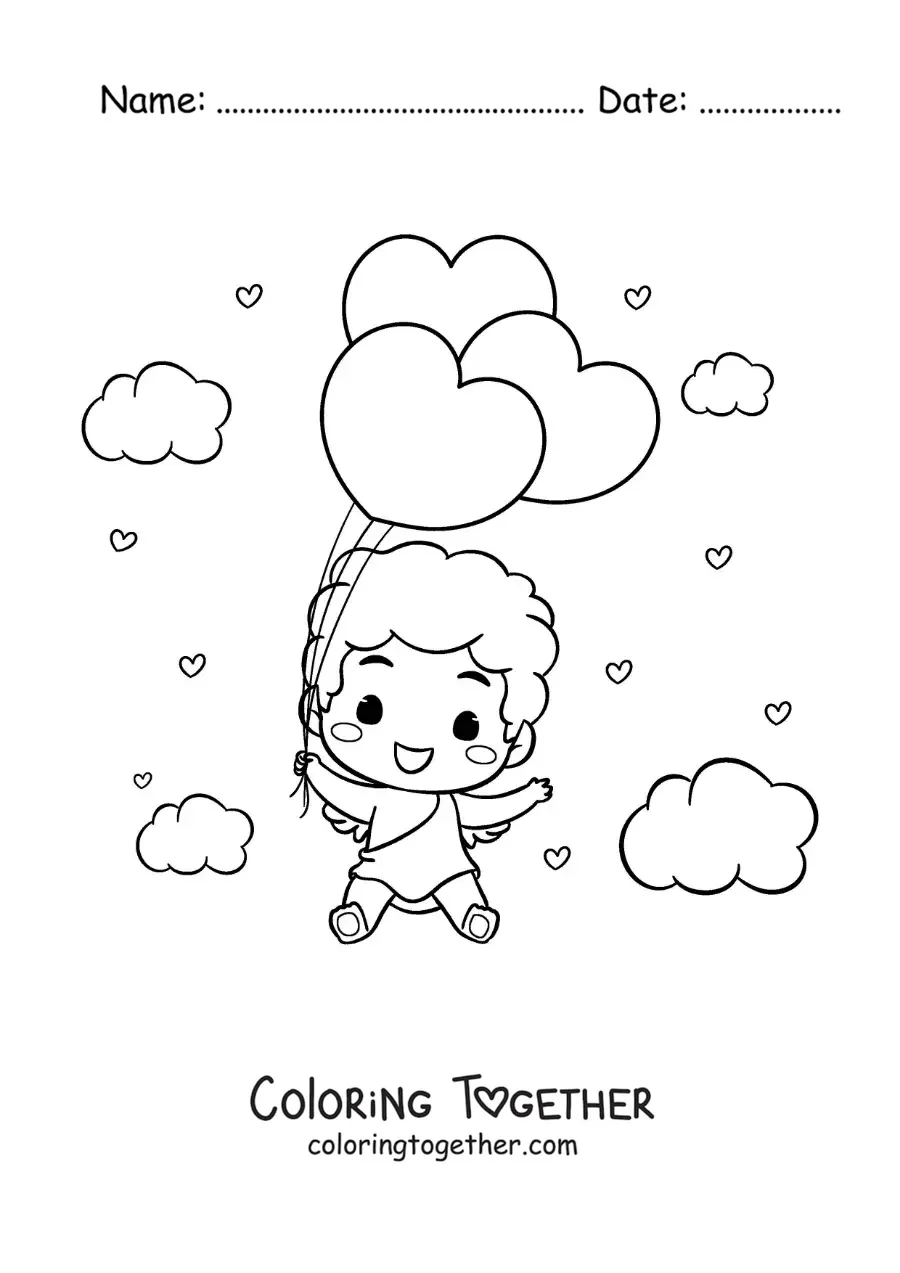 Coloring page of a funny animated baby Cupid with heart balloons