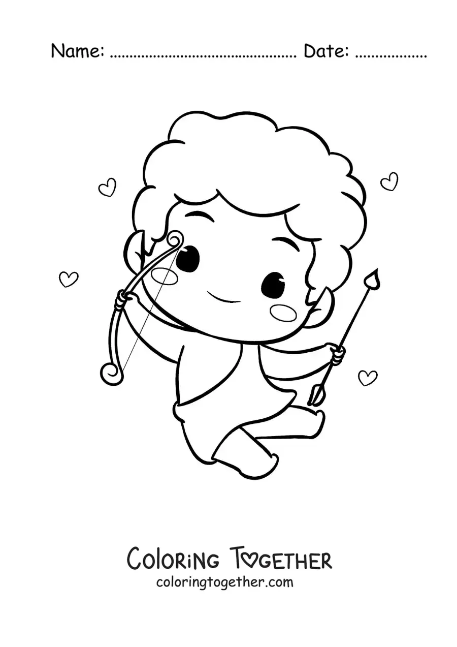 Coloring page of a sweet animated baby Cupid with a bow and an arrow
