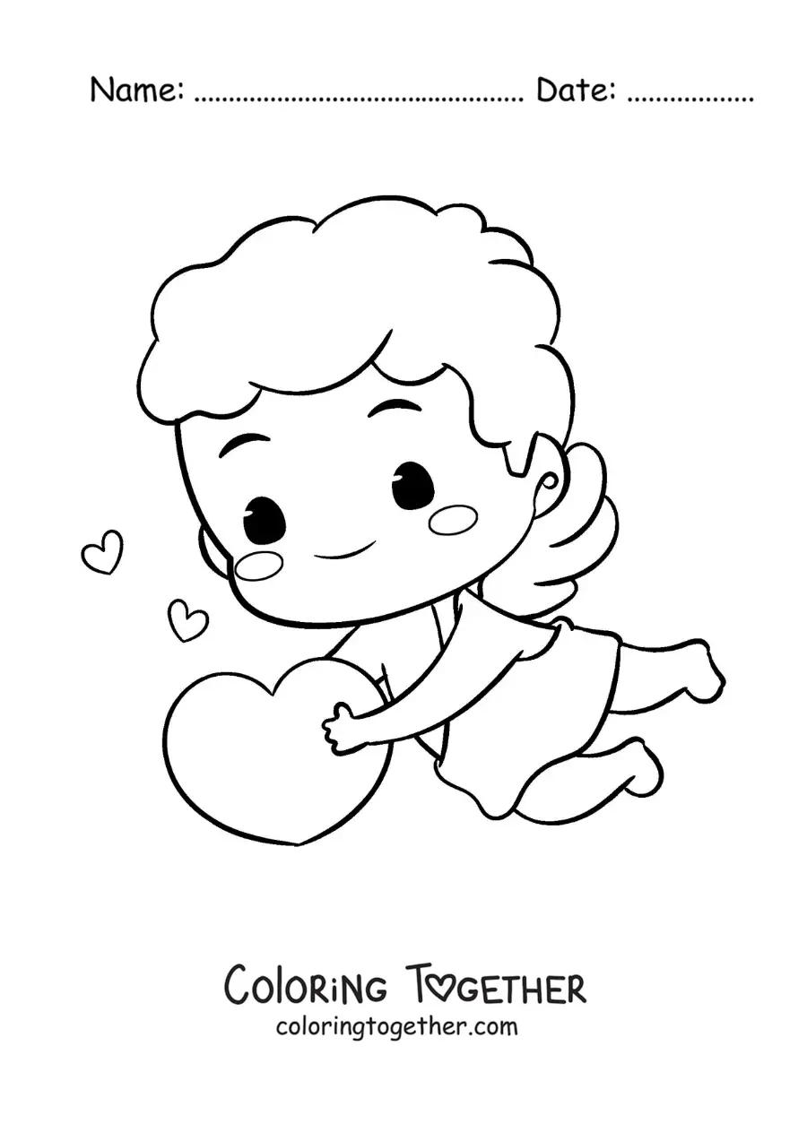 Coloring page of a cute animated baby Cupid with hearts