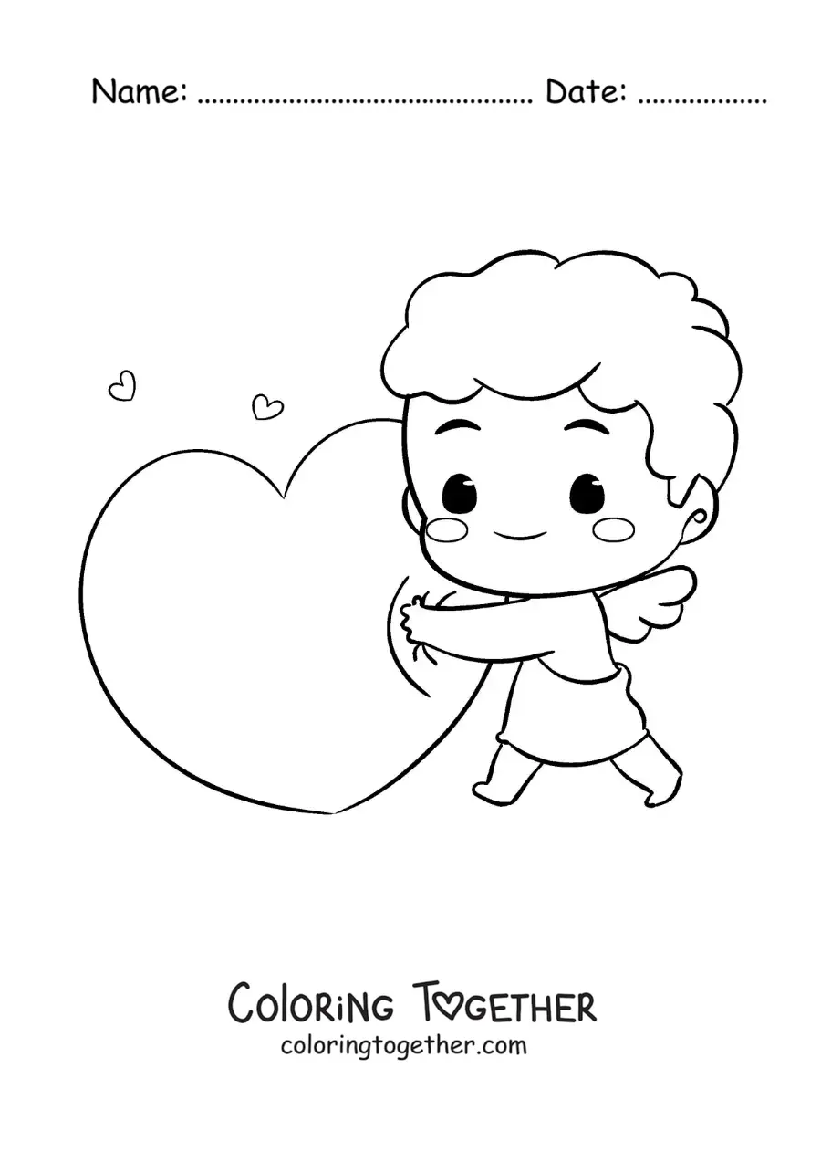 Coloring page of a cute animated baby Cupid hugging a heart