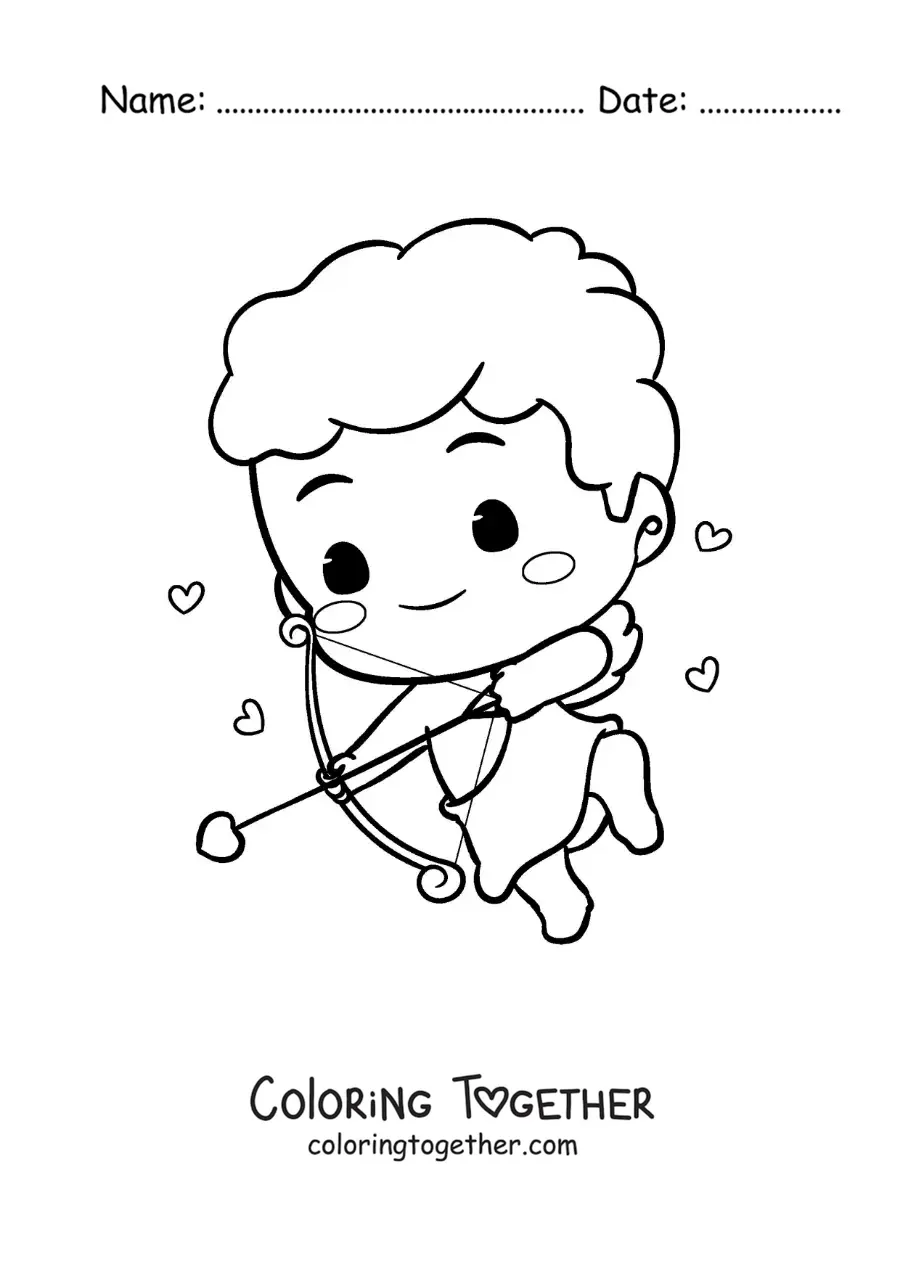 Coloring page of a cute animated baby Cupid shooting an arrow