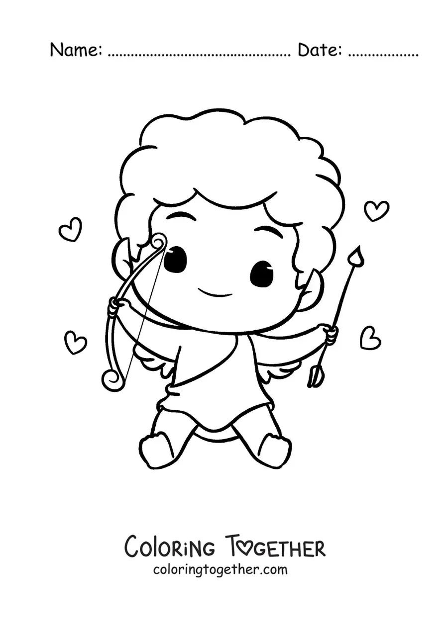 Coloring page of a cute baby Cupid sitting with hearts