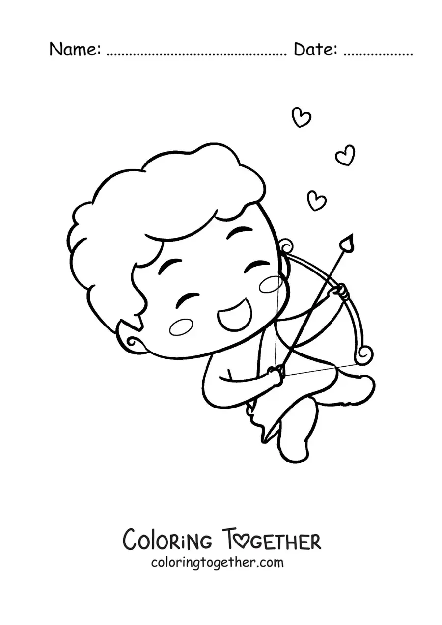 Coloring page of a cute funny baby Cupid with a bow and arrow
