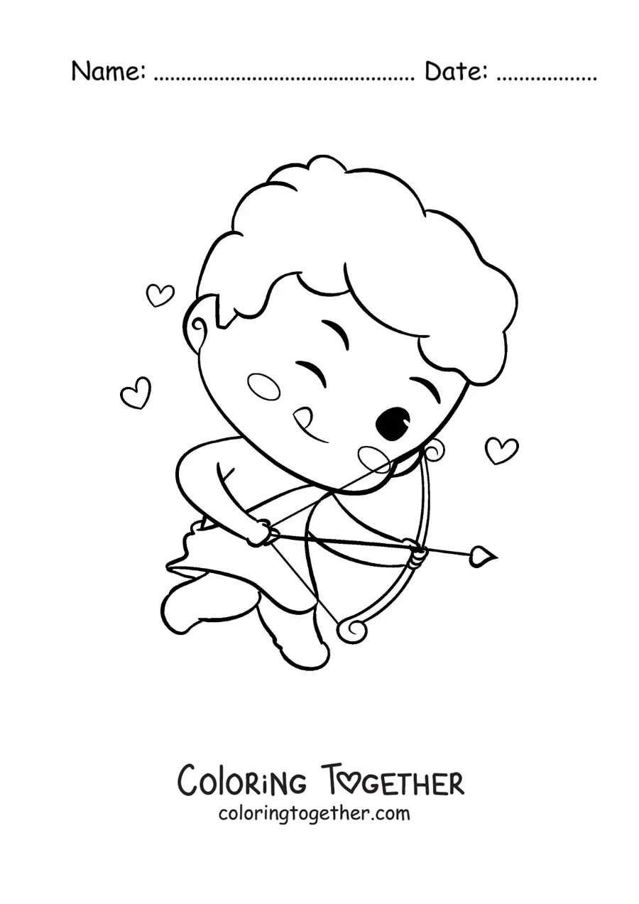 Coloring page of a cute funny baby Cupid shooting an arrow