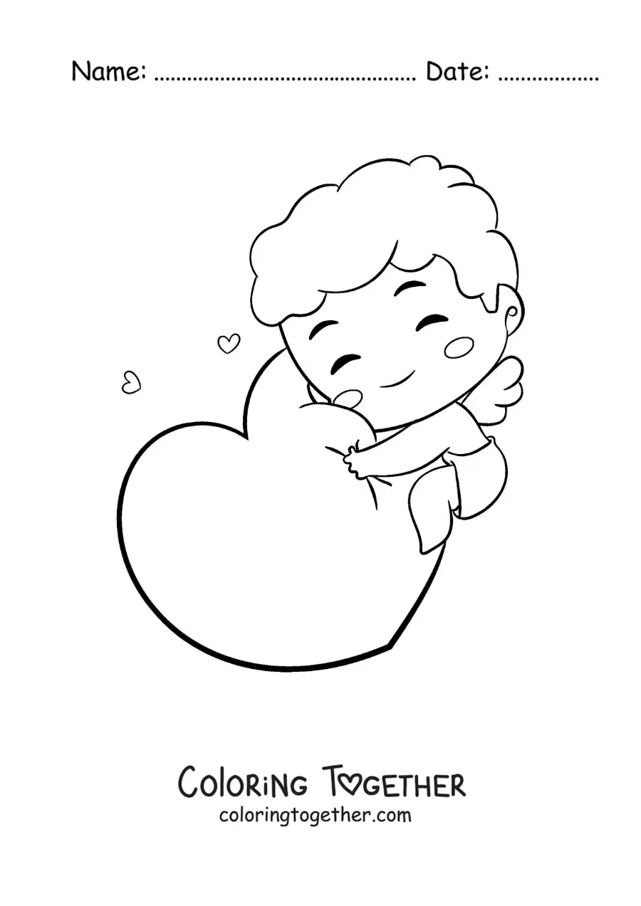 Coloring page of a cute funny baby Cupid hugging a heart