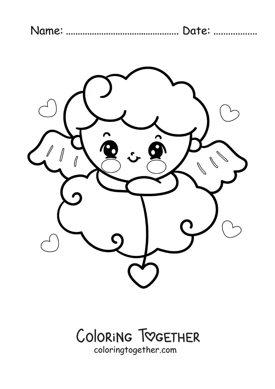 Coloring page of a cute animated baby Cupid on a cloud
