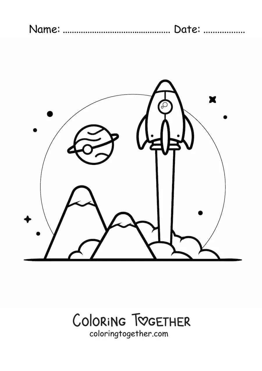 Coloring page of a rocket lifting off into space
