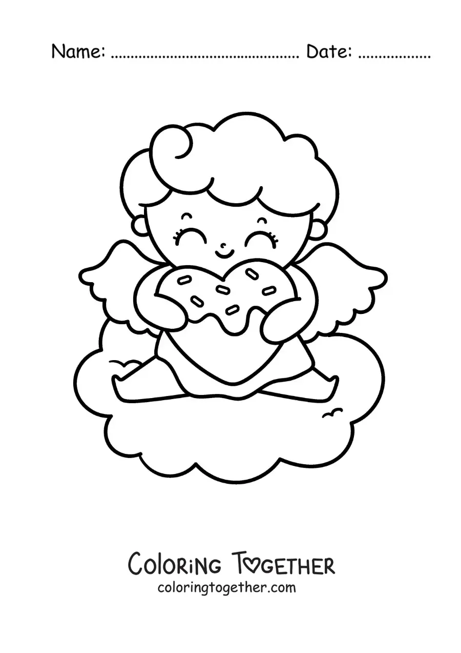 Coloring page of a cute animated baby Cupid with a heart-shaped cookie