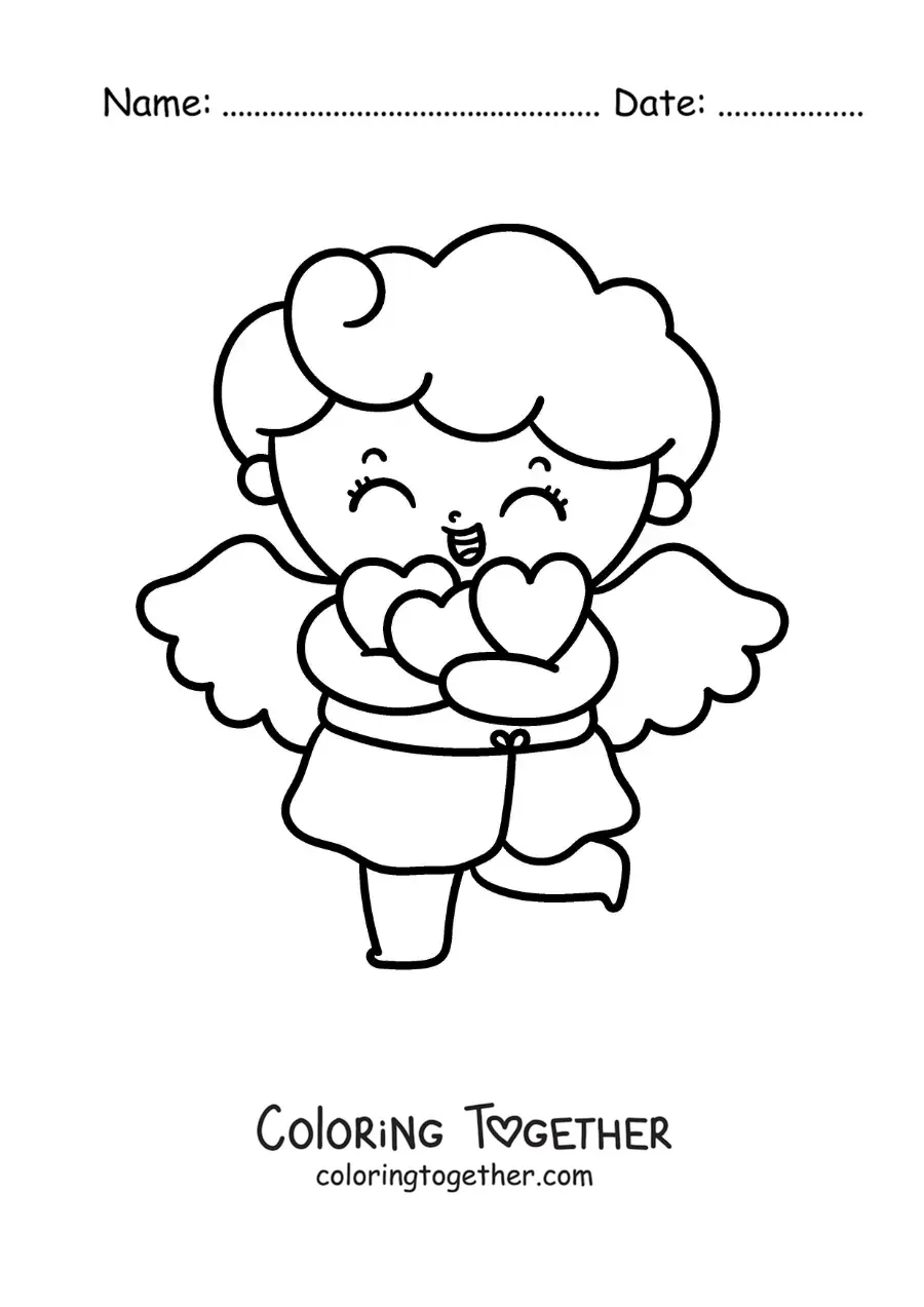Coloring page of a cute baby Cupid with hearts