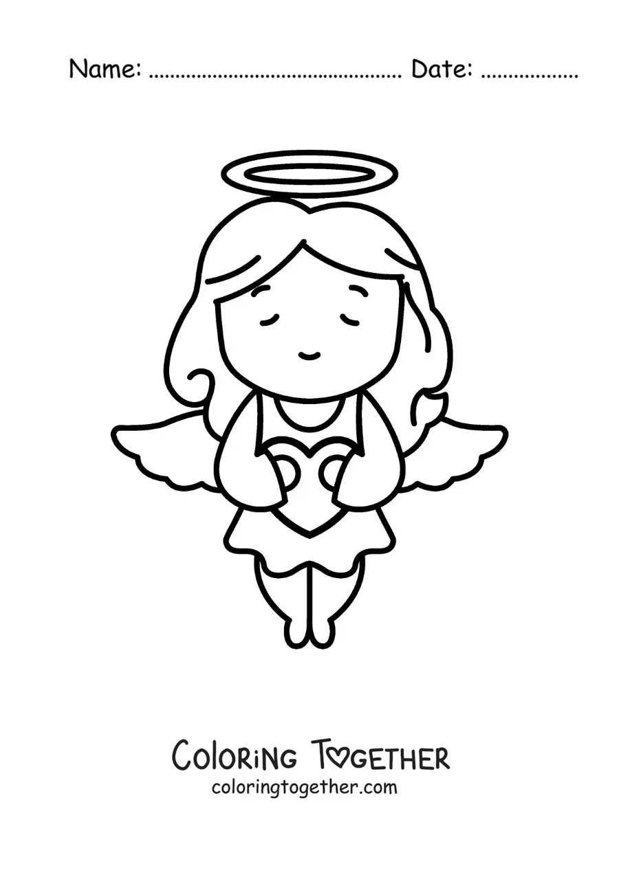 Coloring page of a Cupid angel flying with a heart