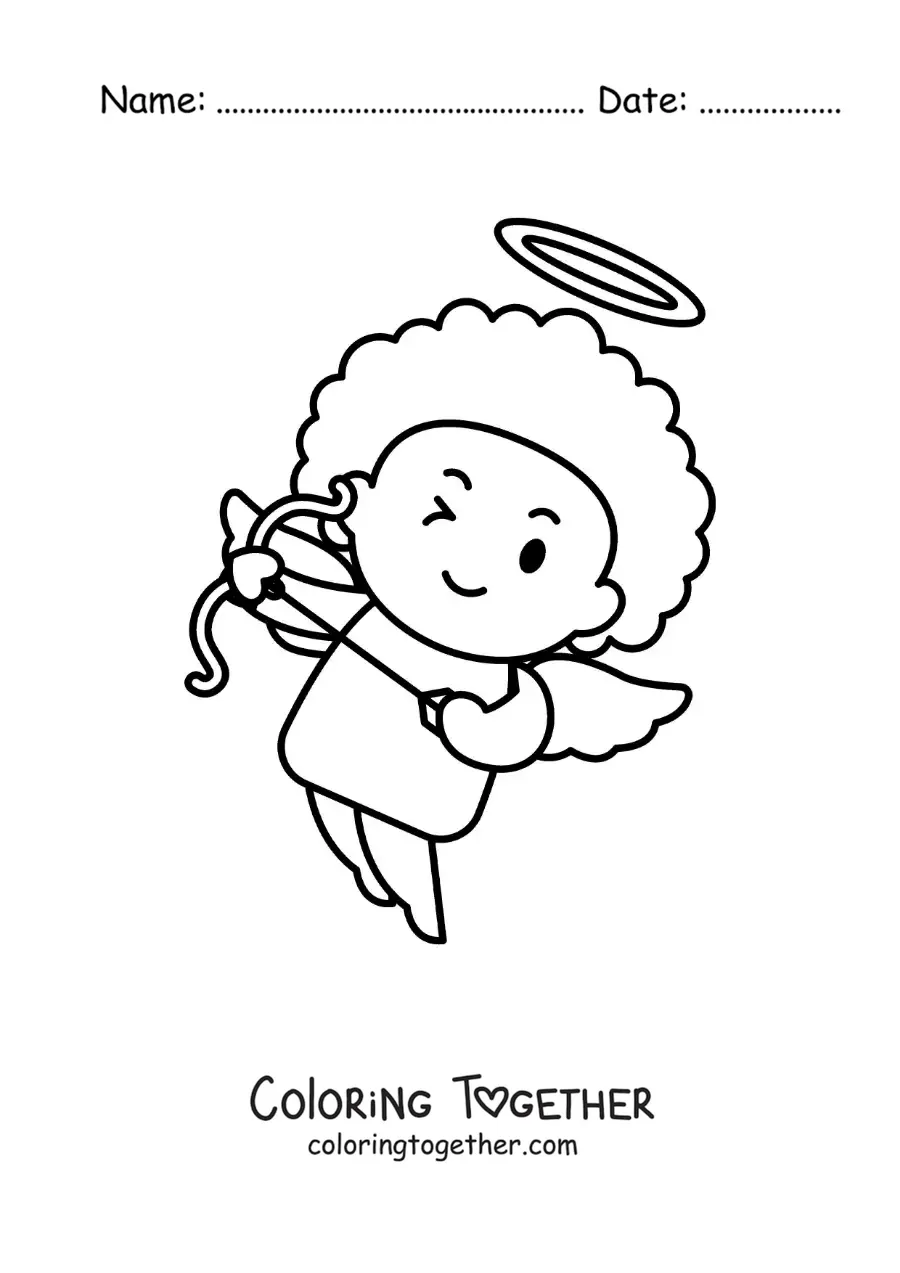 Coloring page of a cartoon Cupid shooting an arrow