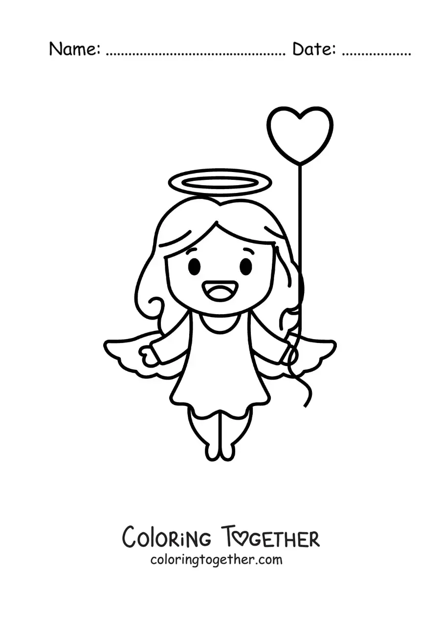 Coloring page of a cartoon Cupid with a heart balloon