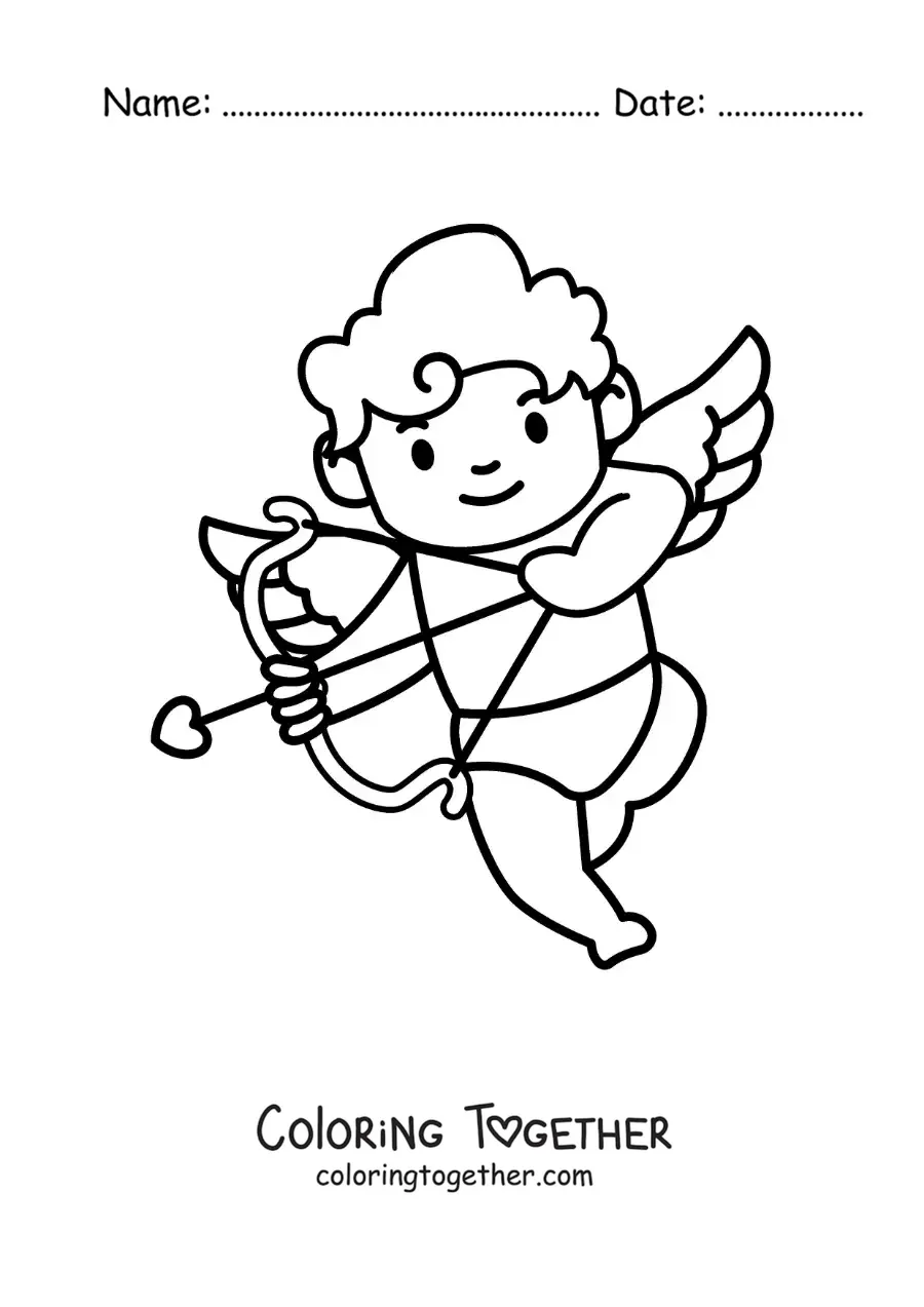 Coloring page of a cartoon baby Cupid shooting an arrow