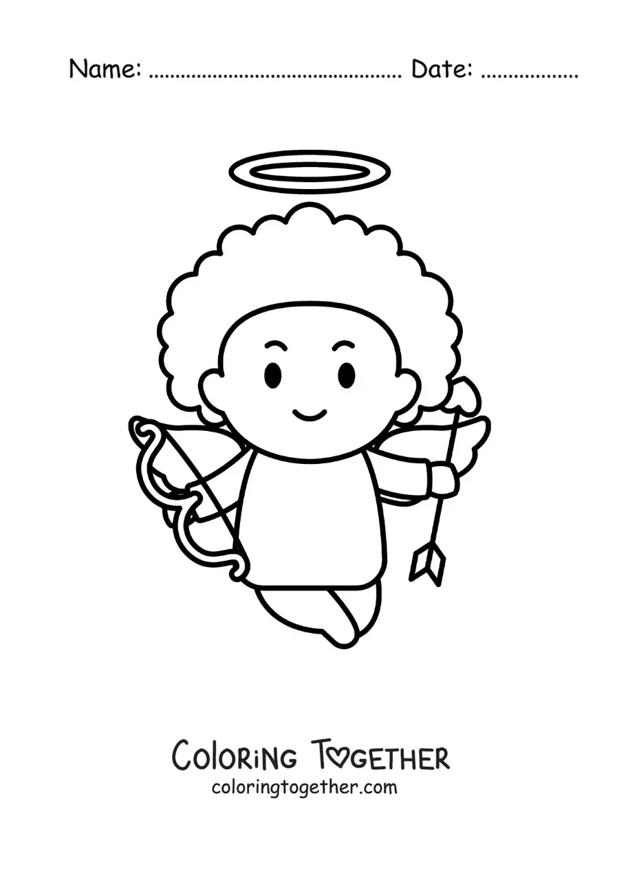 Coloring page of a cartoon Cupid with a bow and arrow