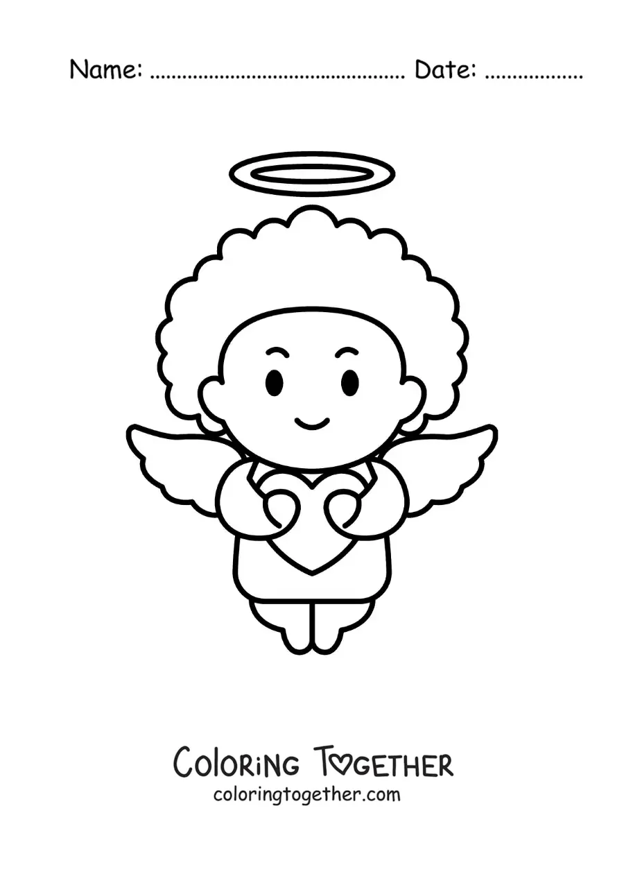 Coloring page of a cartoon Cupid with a heart