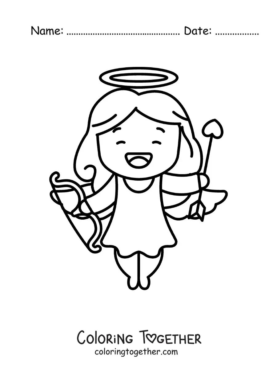 Coloring page of a cartoon Cupid smiling with a bow and arrow