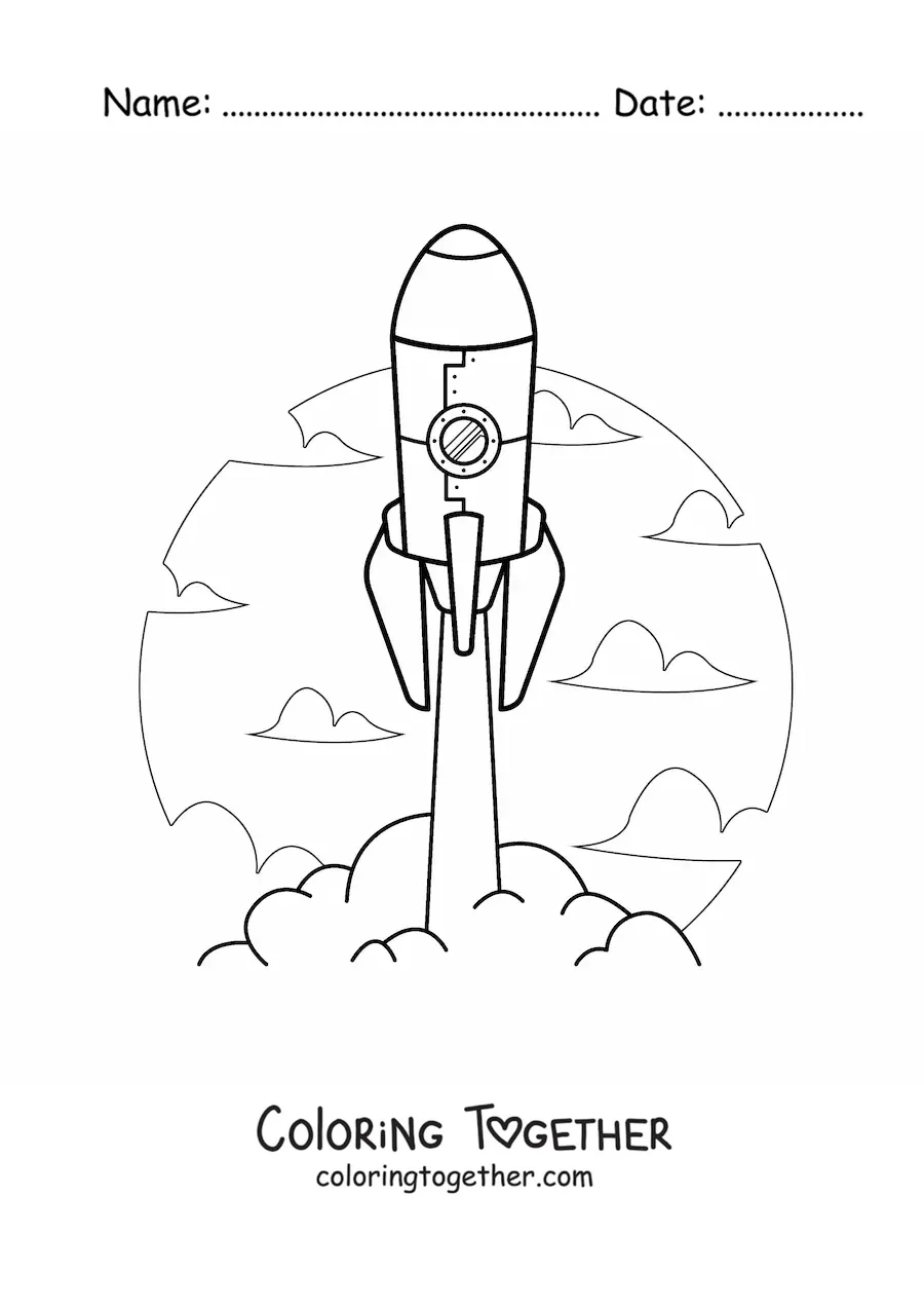 Coloring page of a rocket lifting off into the sky