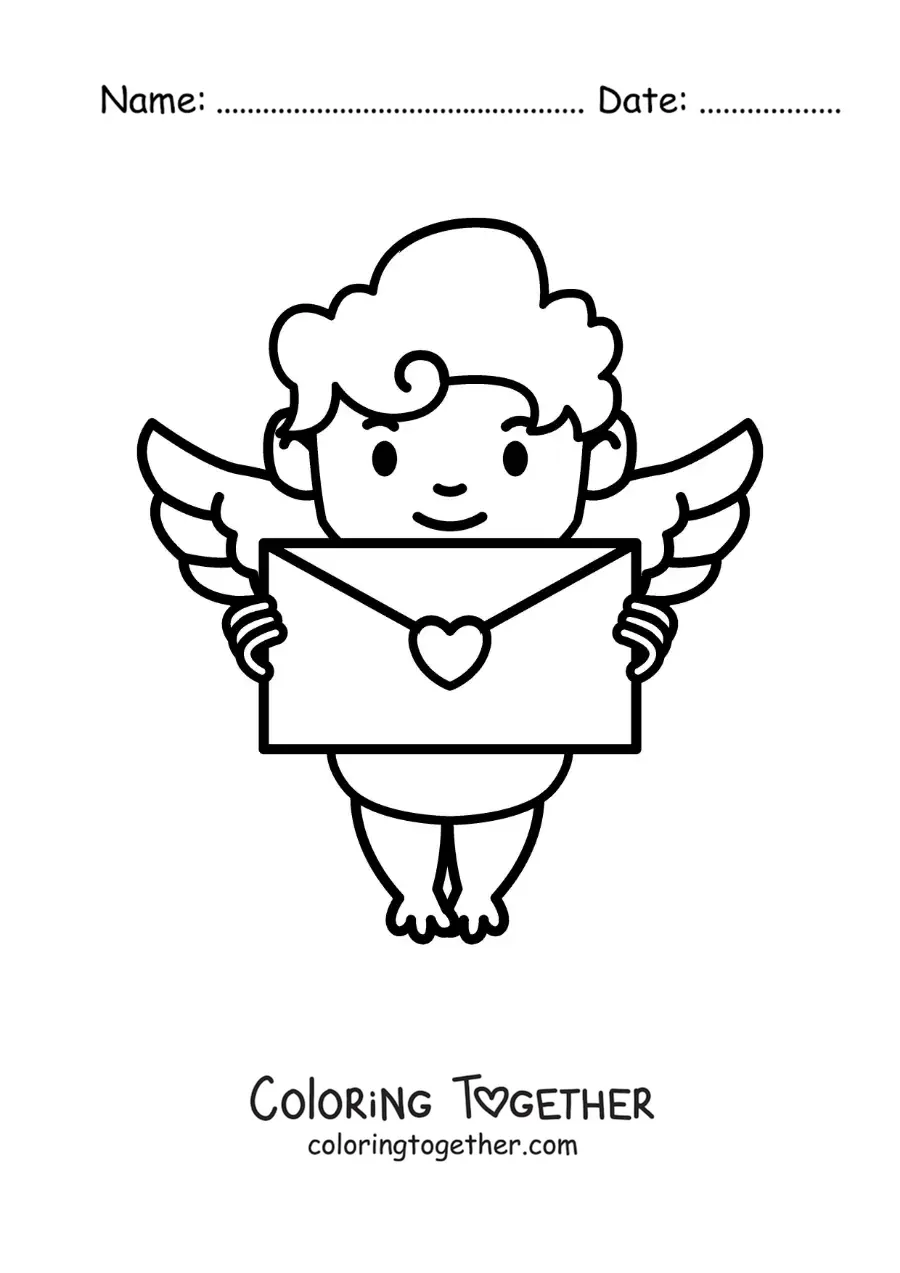 Coloring page of a cartoon Cupid with a love letter