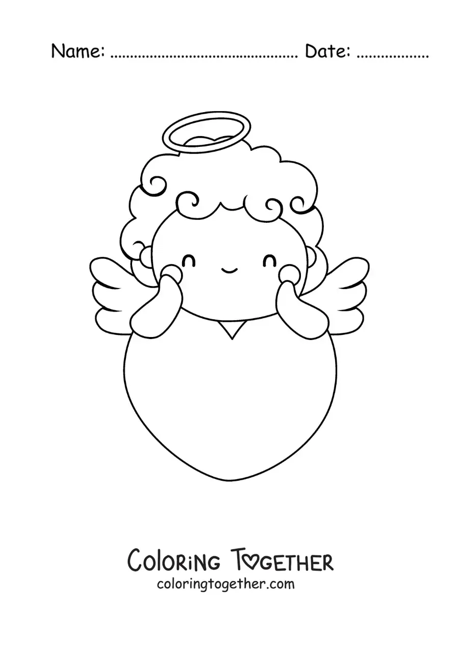 Coloring page of Cupid leaning on a giant heart