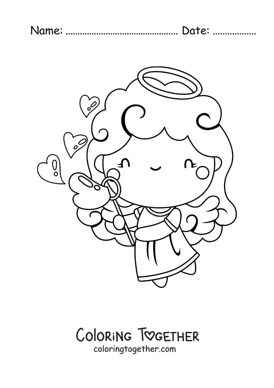 Coloring page of a Cupid angel with heart bubbles