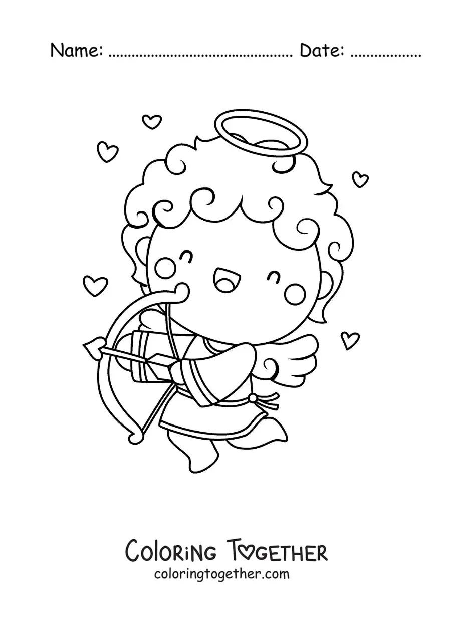 Coloring page of a Cupid angel shooting with hearts