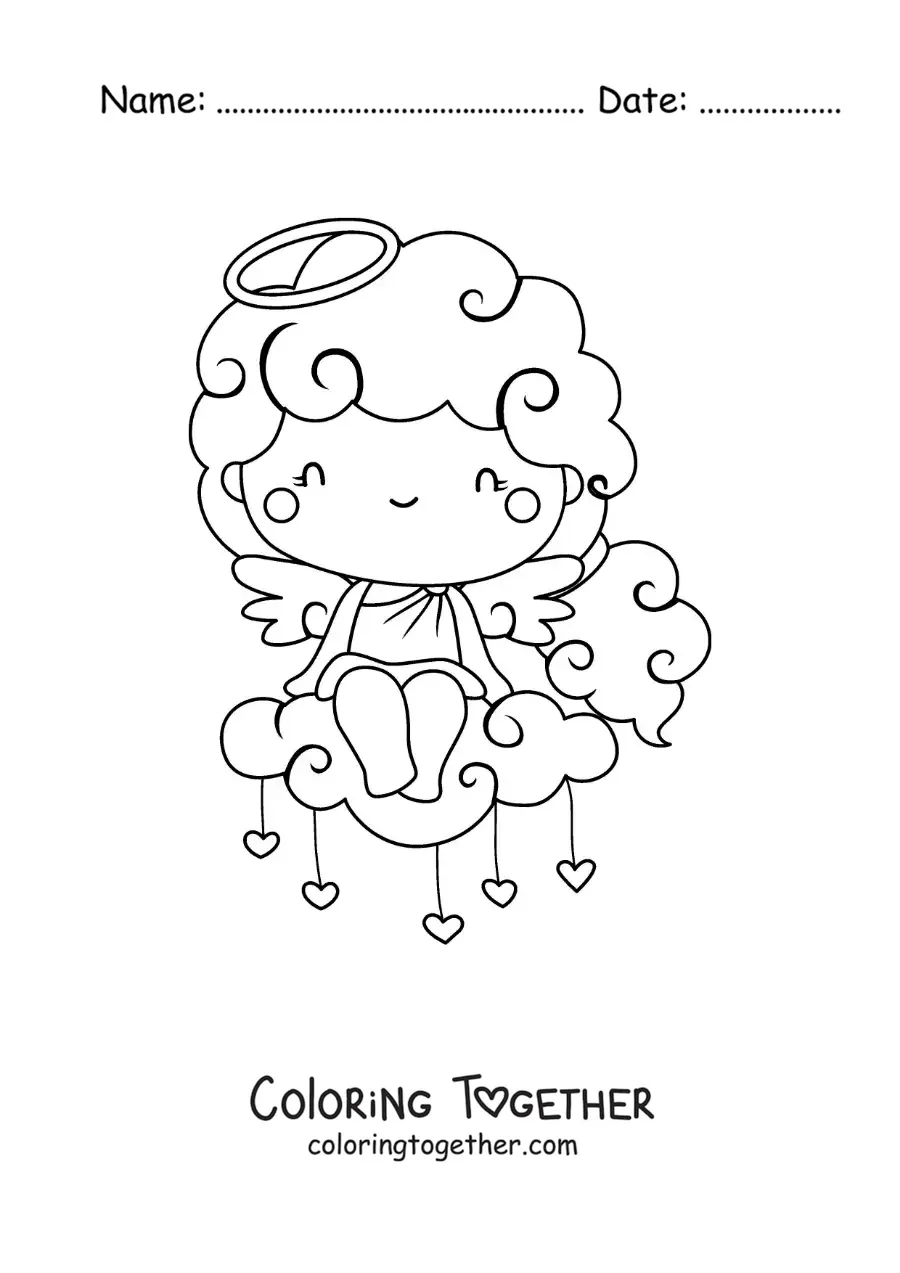 Coloring page of a Cupid angel on a cloud with hearts