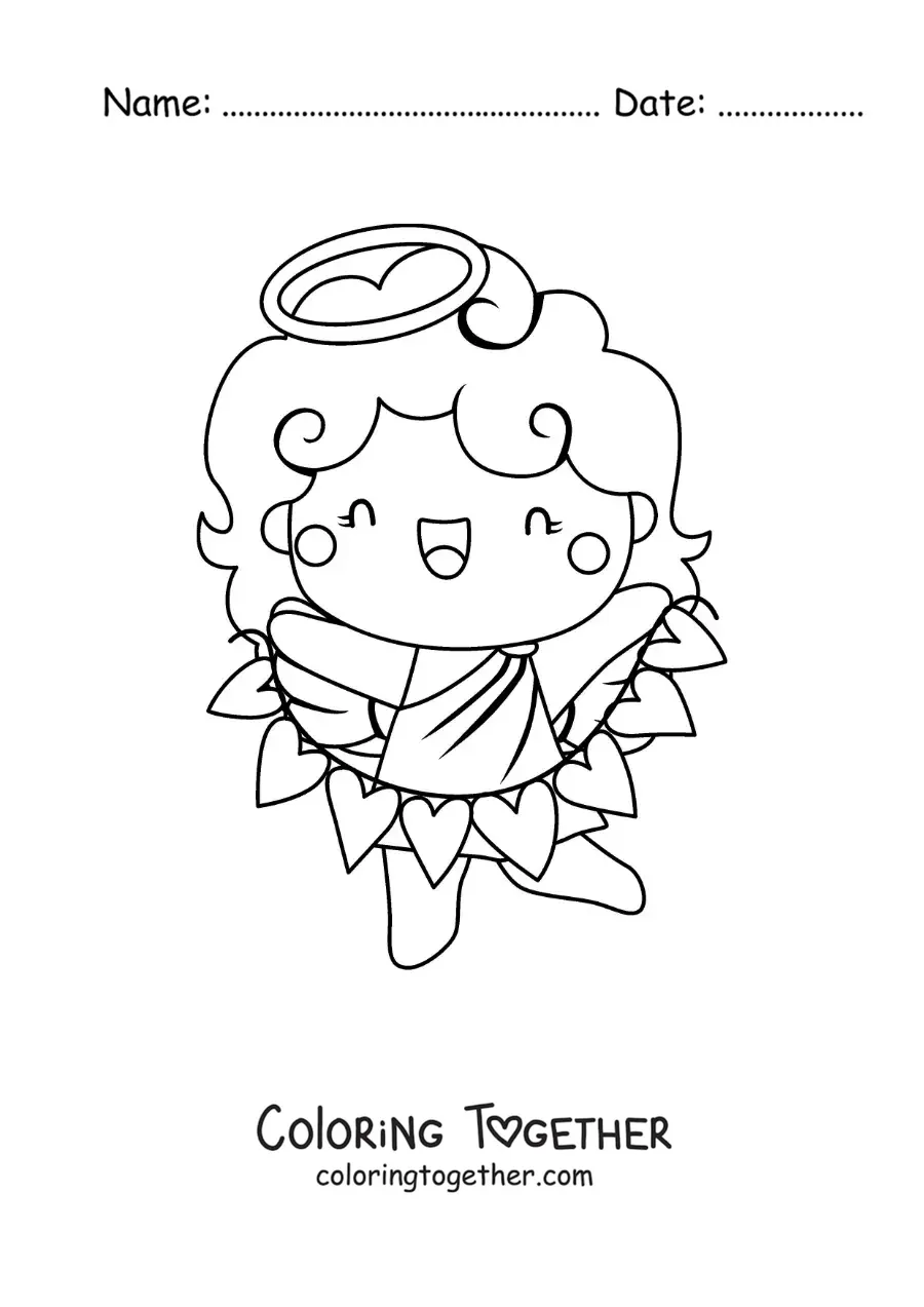 Coloring page of a Cupid angel with Valentine hearts