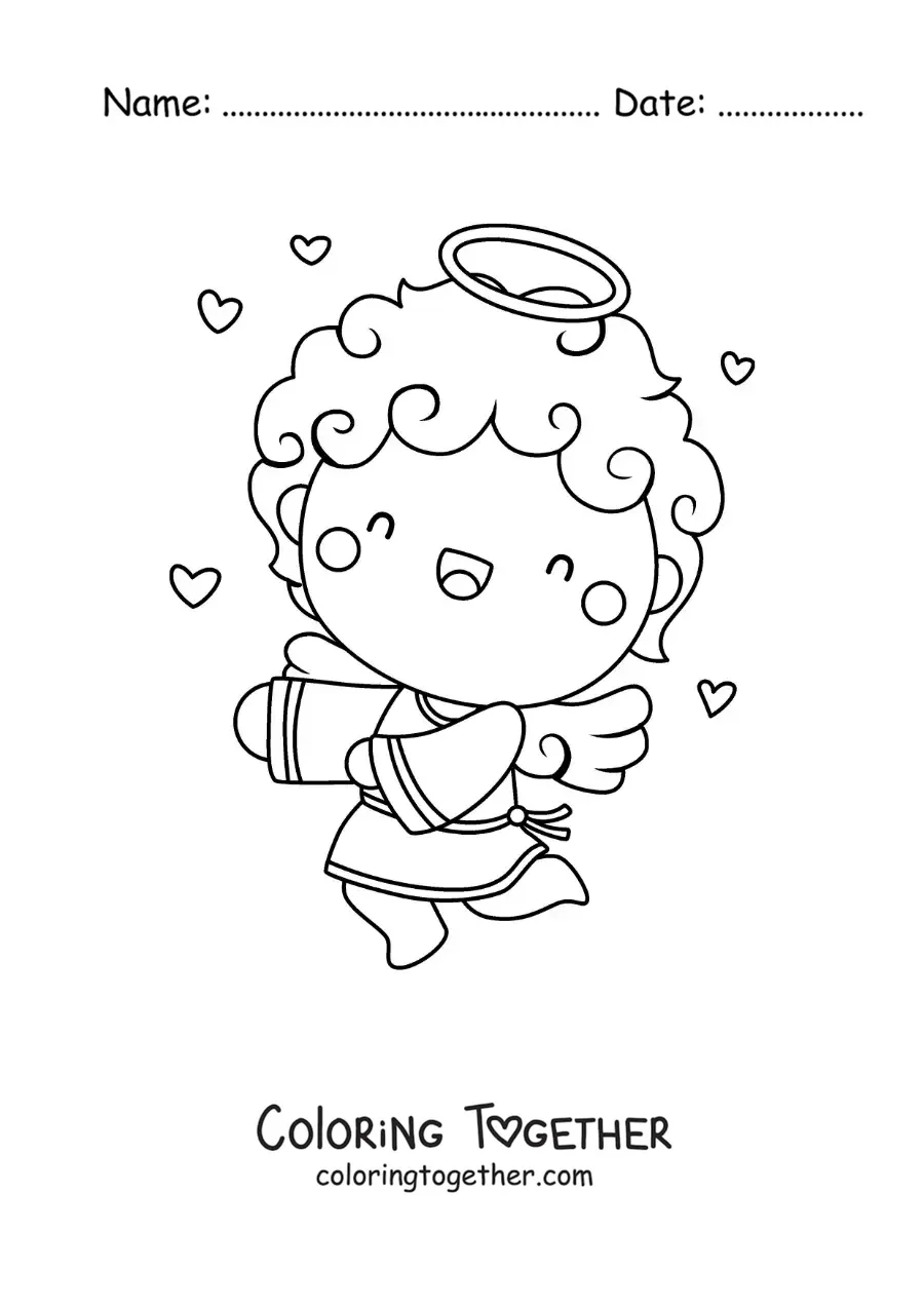 Coloring page of a Cupid angel flying with hearts