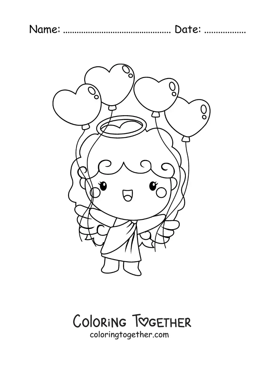 Coloring page of a Cupid angel with Valentine balloons