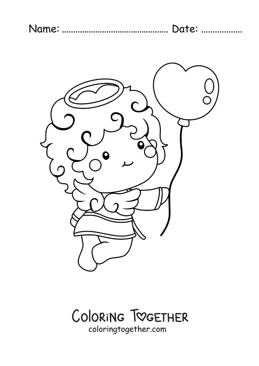 Coloring page of a beautiful animated Cupid angel with a Valentine balloon