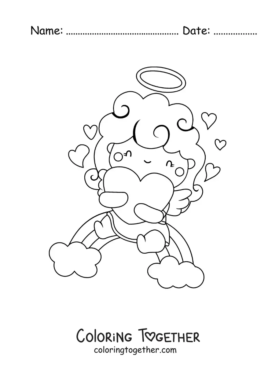Coloring page of a Cupid angel on a rainbow with hearts
