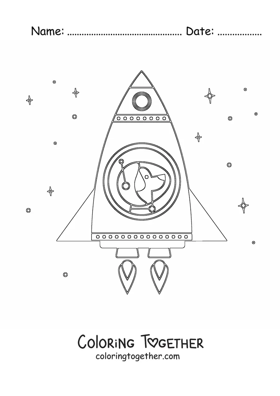 Coloring page of a cartoon space dog in a rocket in space