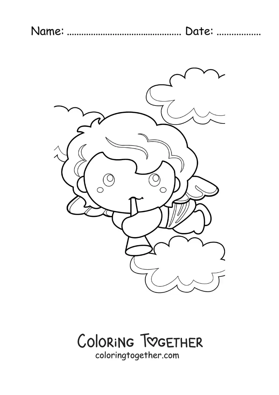 Coloring page of a Cupid angel with a trumpet