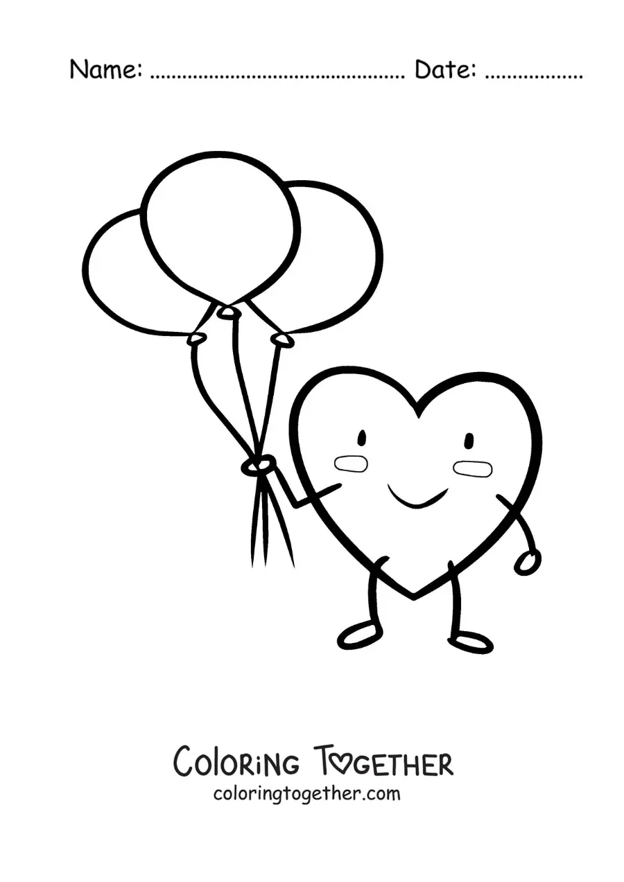 Coloring page of a sweet animated heart with balloons
