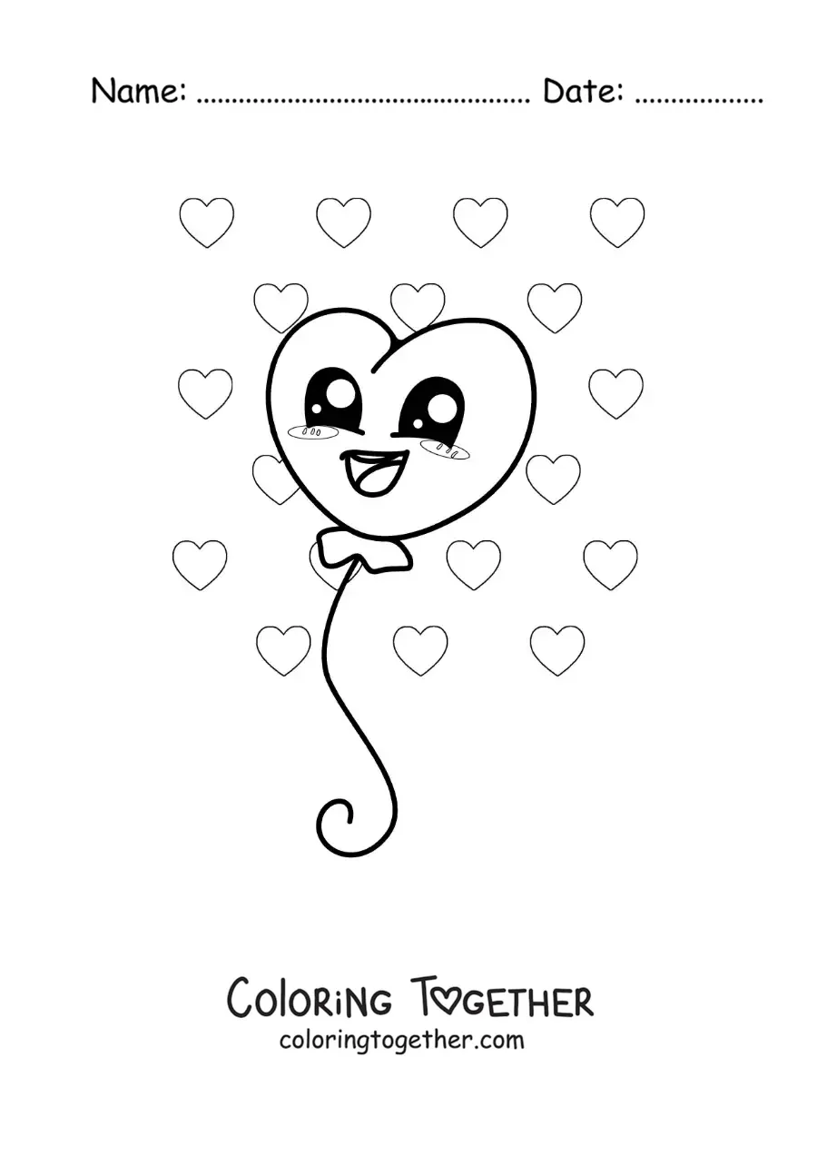 Coloring page of a cute animated heart balloon